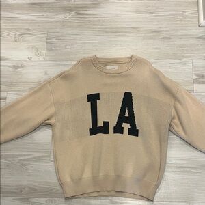PacSun Beige Crewneck Knit Sweater with Navy Blue Lettering